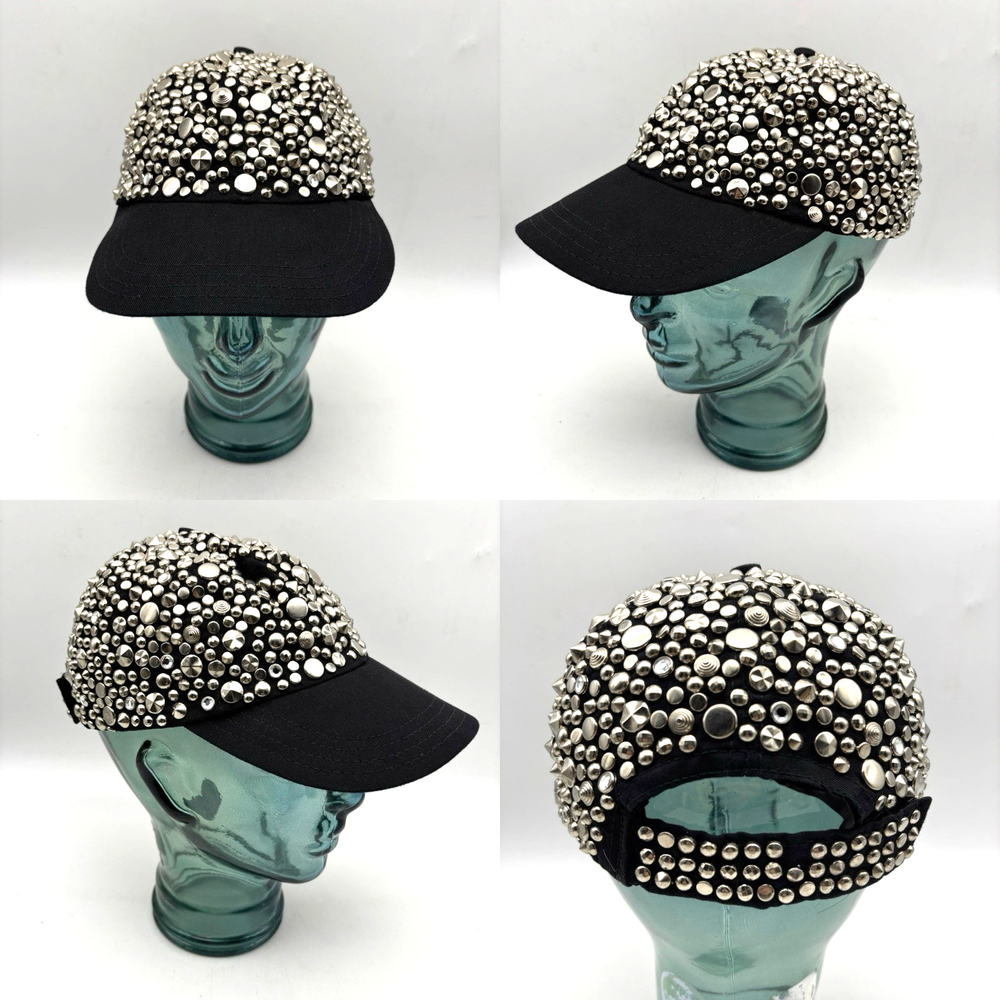 80s Retro Black Canvas Flat Bill Hat with Silver Studs OSFM