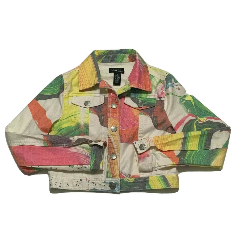 Jane Doe Cropped Denim Jean Jacket Small Womens Multicolor Abstract Button Front