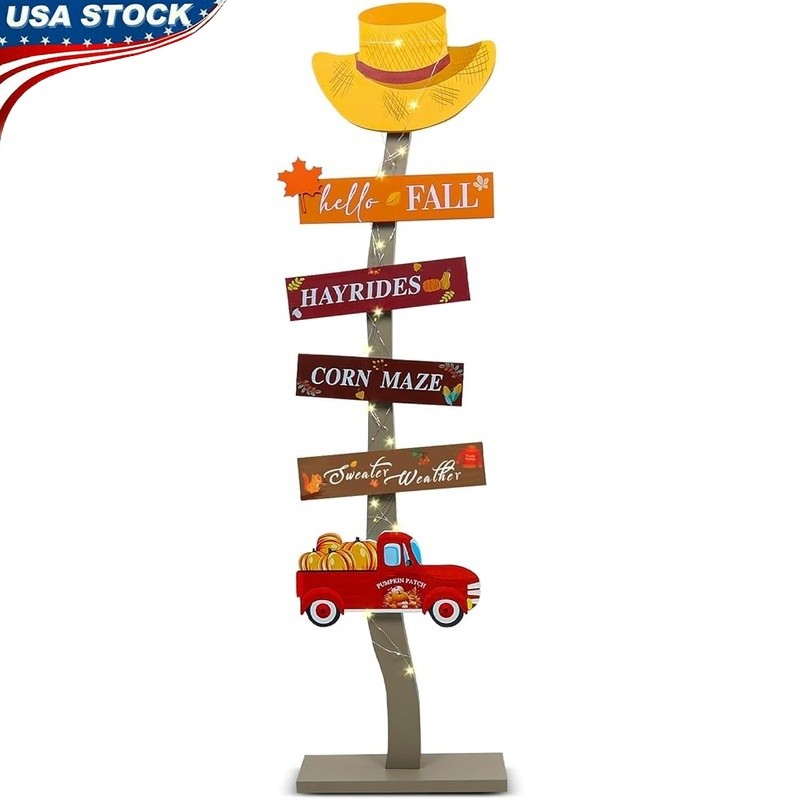 Lighted Fall Porch Sign Autumn Decoration Pumpkin Scarecrow Rustic Decor New