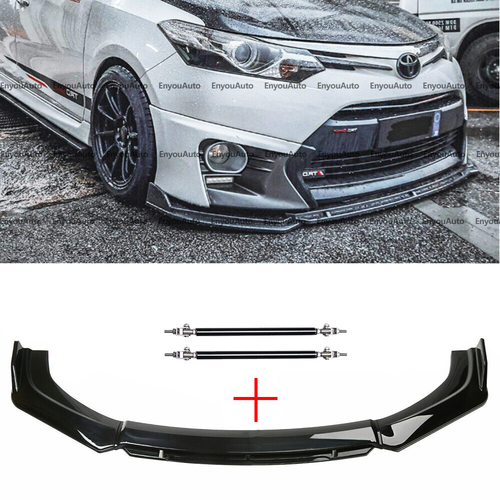 For Toyota Camry Front Bumper Lip Spoiler Splitter + Strut Rods Glossy Black
