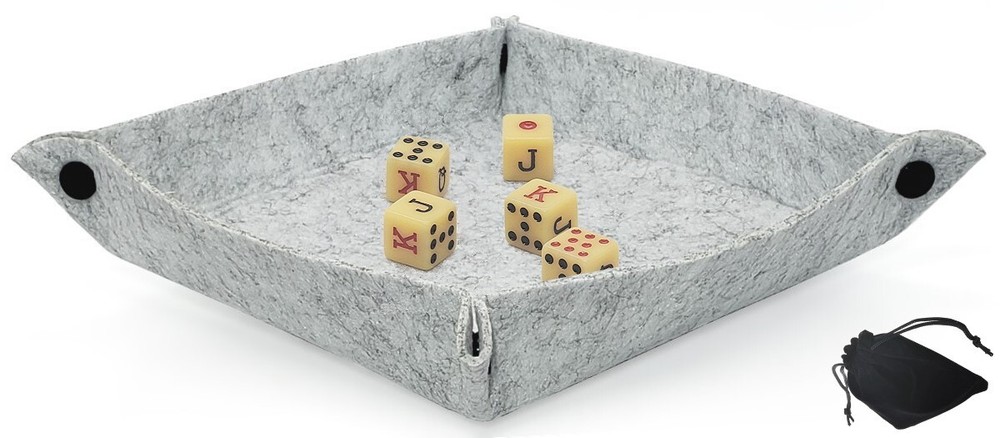Dice Rolling Tray Folding Grey Felt Mat + Spanish Poker Dice Bone Tone + Pouch