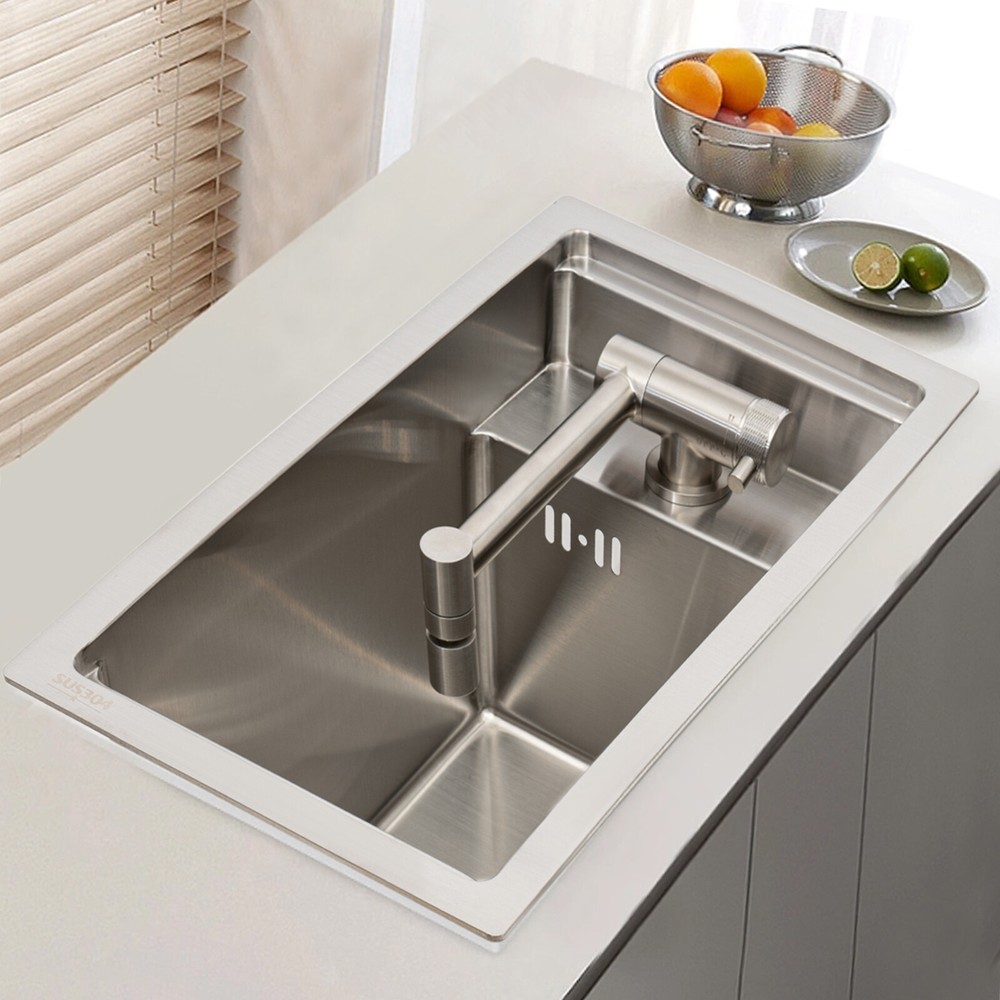 Single Bowl Bar Sink Set Stainless Steel Hidden W/Folding Faucet Kitchen Laundry