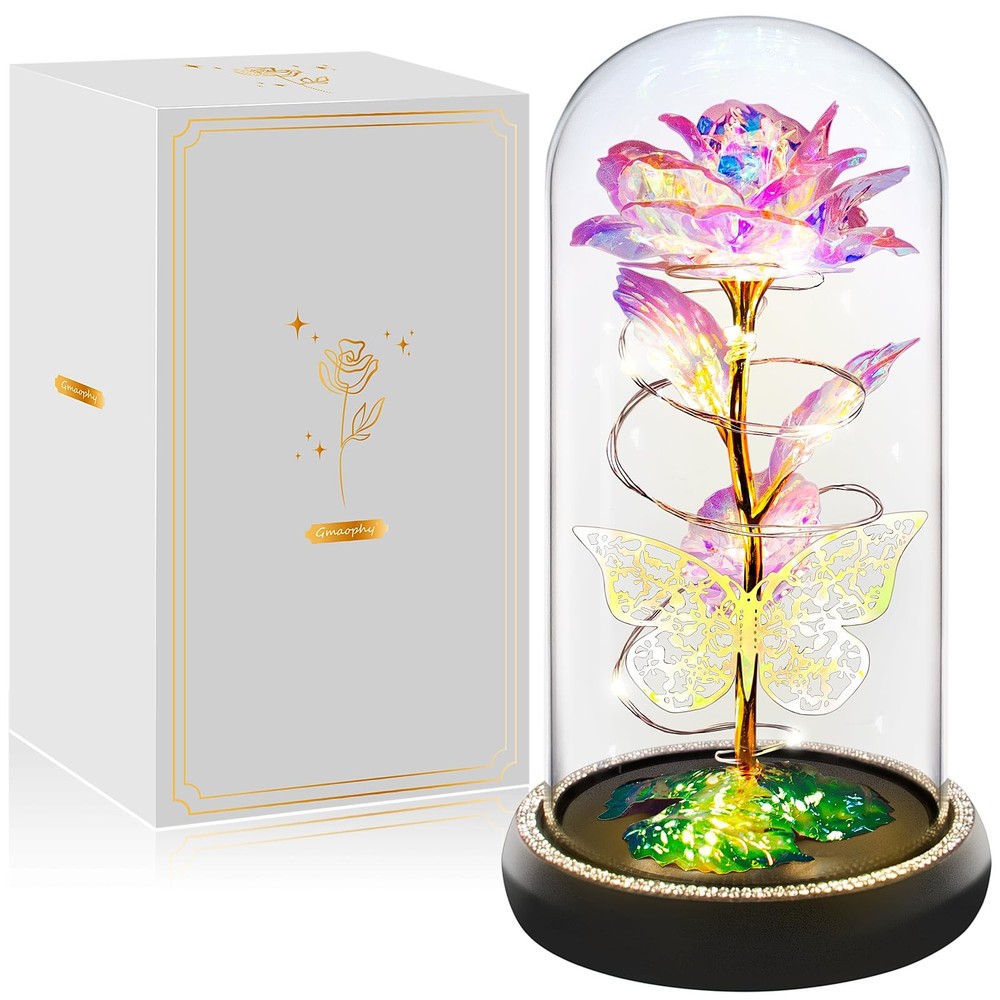 Light Up Butterfly Preserved Rose in Glass Dome Birthday Gift for Women