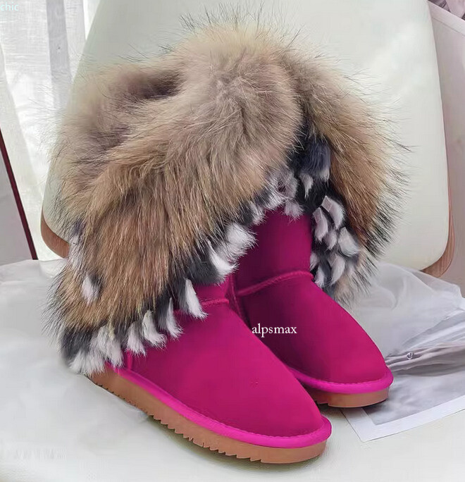 Fashion Womens Real Leather Fox Rabbit Fur Trim Winter Warm Boots Shoes Flats
