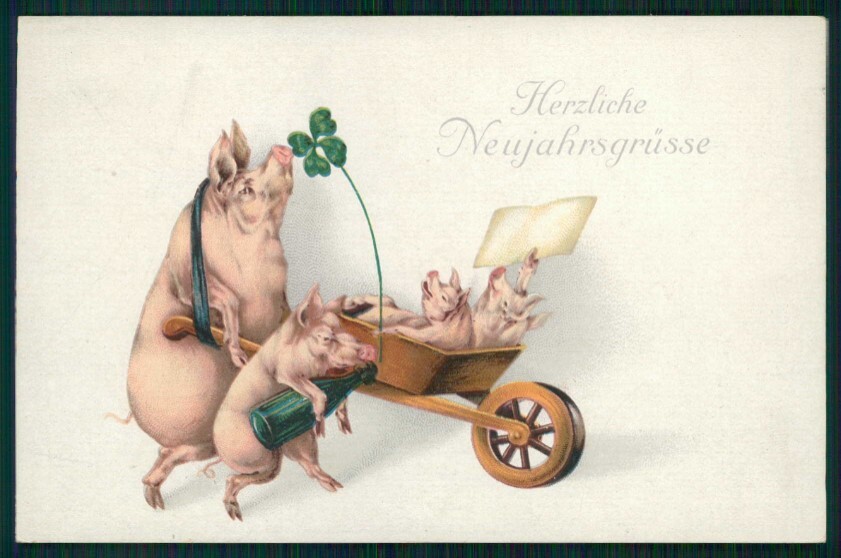 Pig Happy New Year Four Leaf Clover Good Luck 1730 postcard TC5010-image