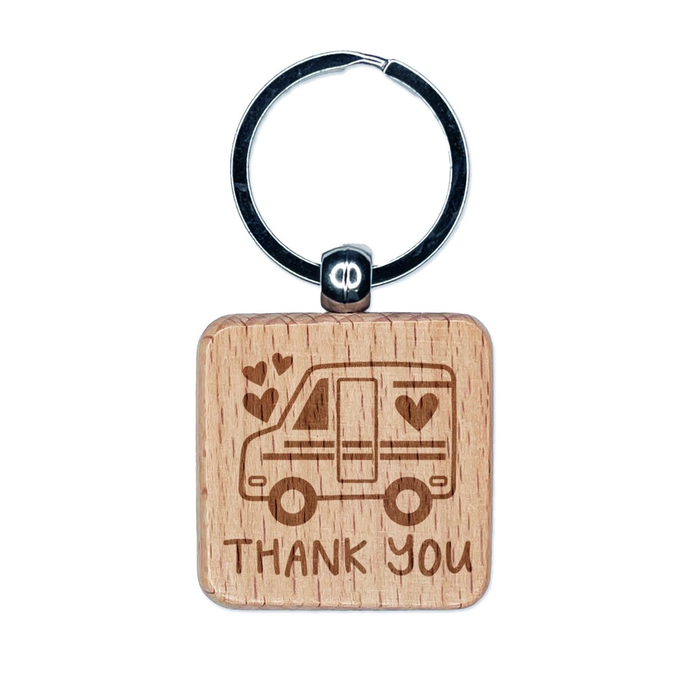 Thank You Mail Shipping Delivery Truck Engraved Wood Square Keychain Tag Charm