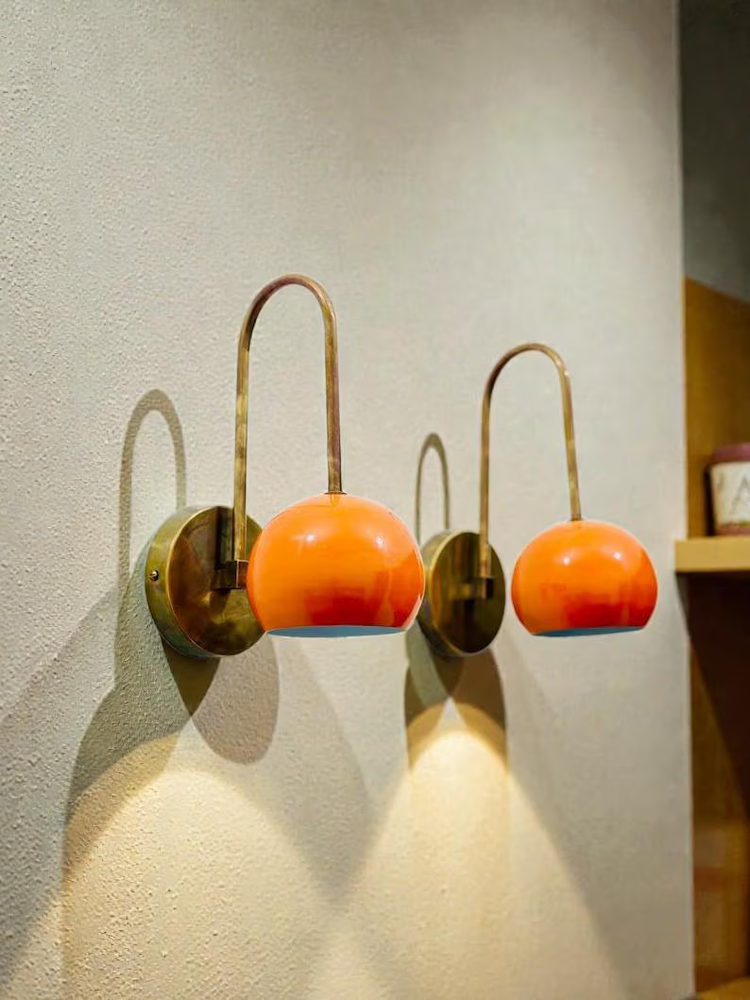 Mid-Century Modern Brass Wall Sconces: Orange Accent, Handmade Lighting