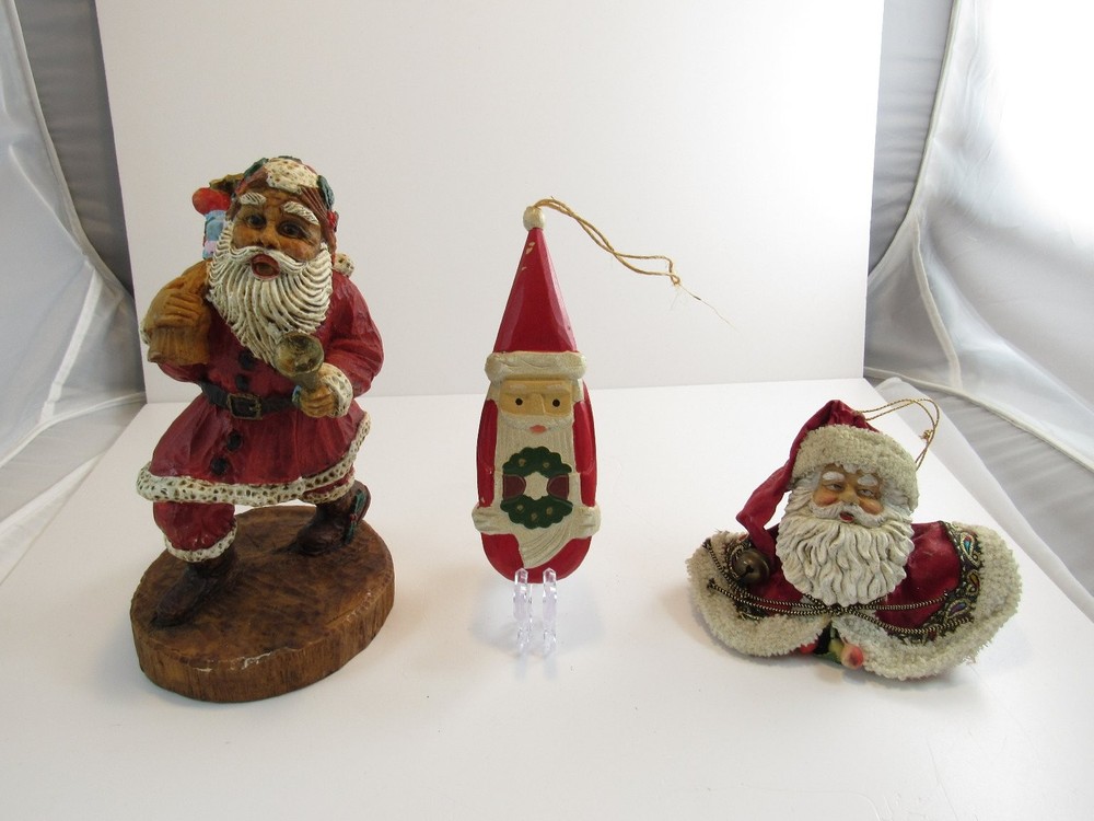 Vintage Santa Claus Hand Carved Wood Figurine & 2 Santa Ornaments Set