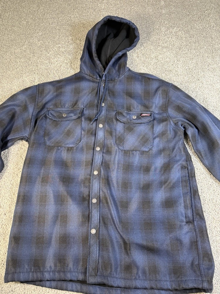 Dickies Jacket Mens Blue Plaid snap fleeced lined Hooded Coat Large 42-44
