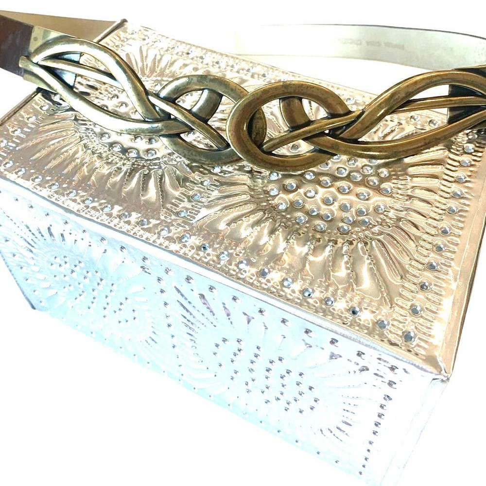 Chico's M/L Brown Belt Large Brass Serpentine Buckle Leather Adjustable 79984