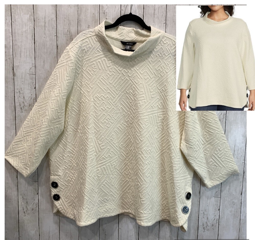 Ali Miles Women's 3X Ivory Textured Knit Funnel Neck 3/4 Sleeve Tunic NWT
