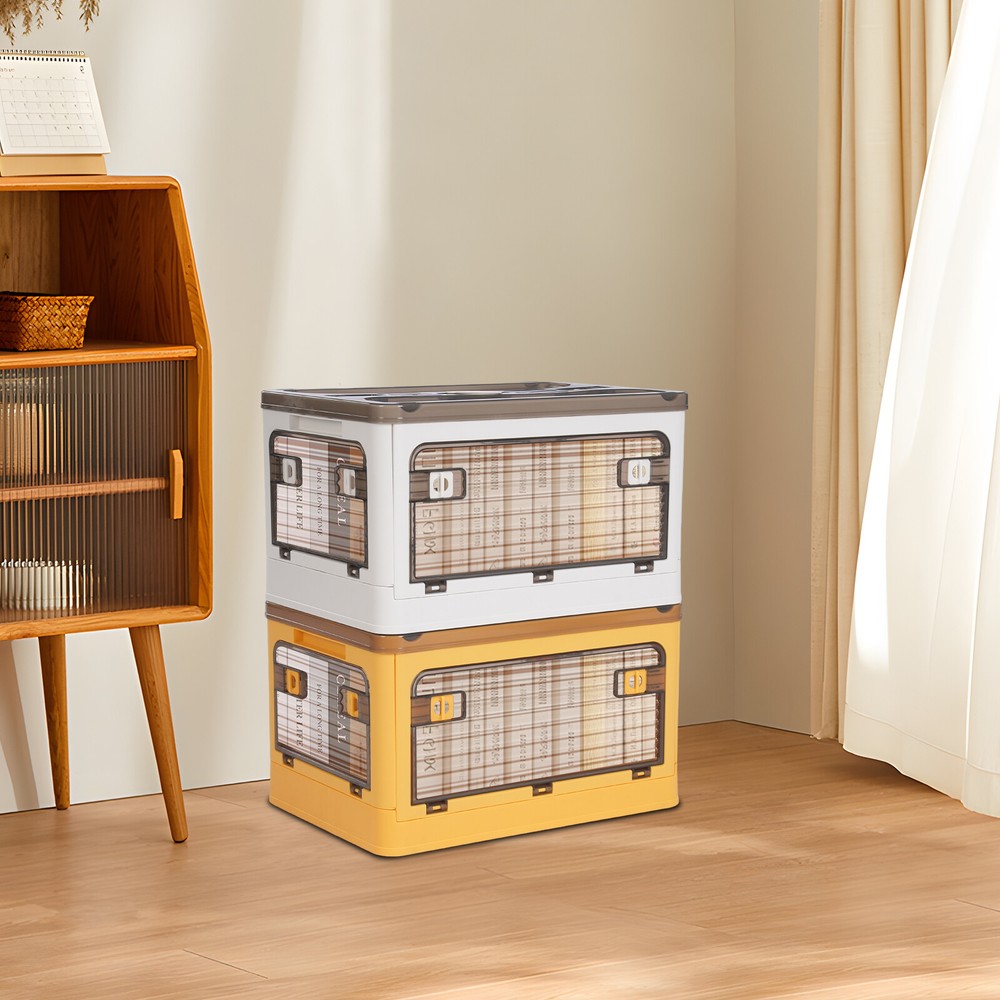 Foldable Stackable Plastic Storage Bin in Yellow and White