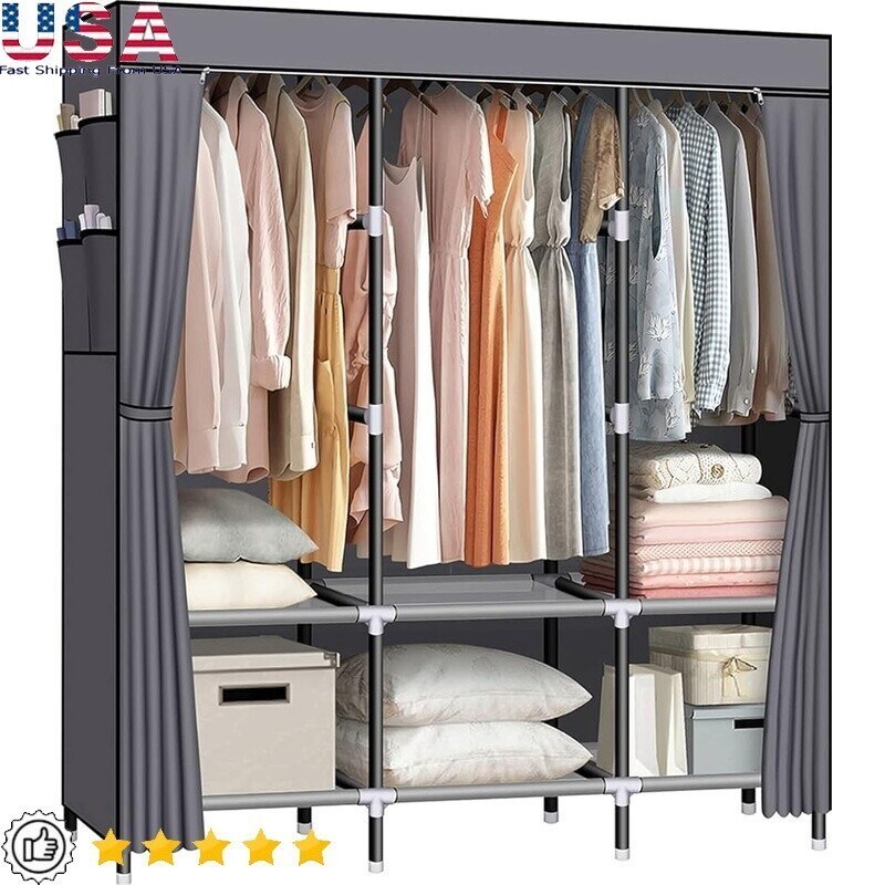 Portable Closet W/ 3 Rods 6 Shelves Easy Assembly Dustproof Storage Organizer US