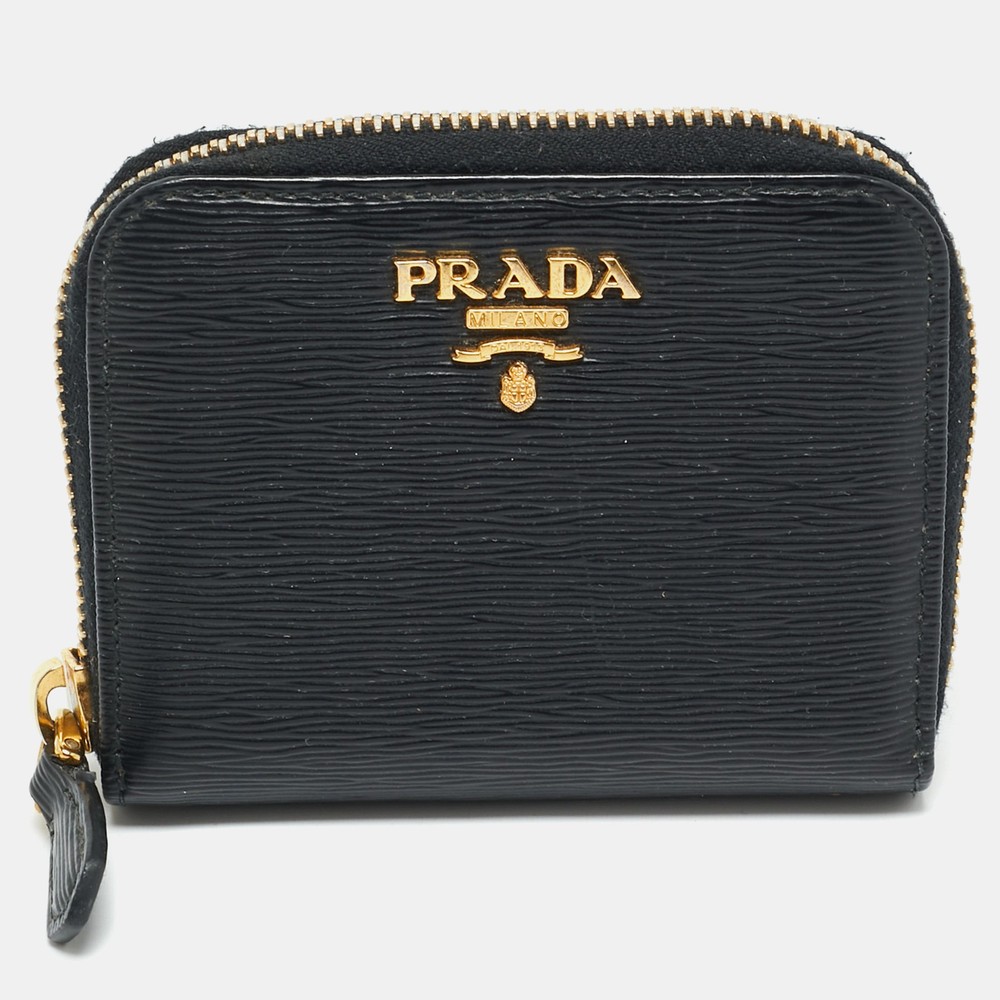 Prada Black Leather Zip Coin Purse with Move Logo