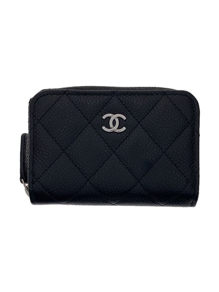Authentic CHANEL Card Holder / Coin Purse Matelassé Silver CC Black Used