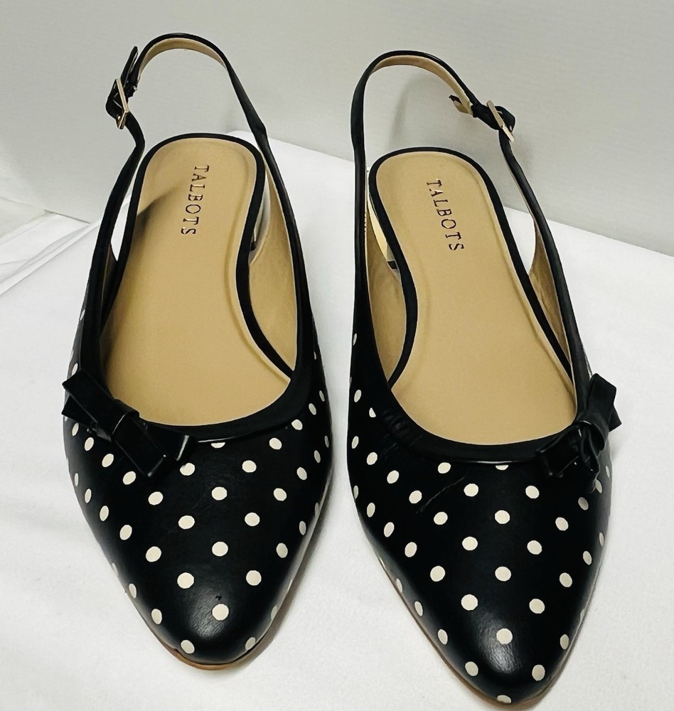 TALBOTS Edison Slingback Bow Flats Black & White Dot Print Size 9.5 M Gold Heel