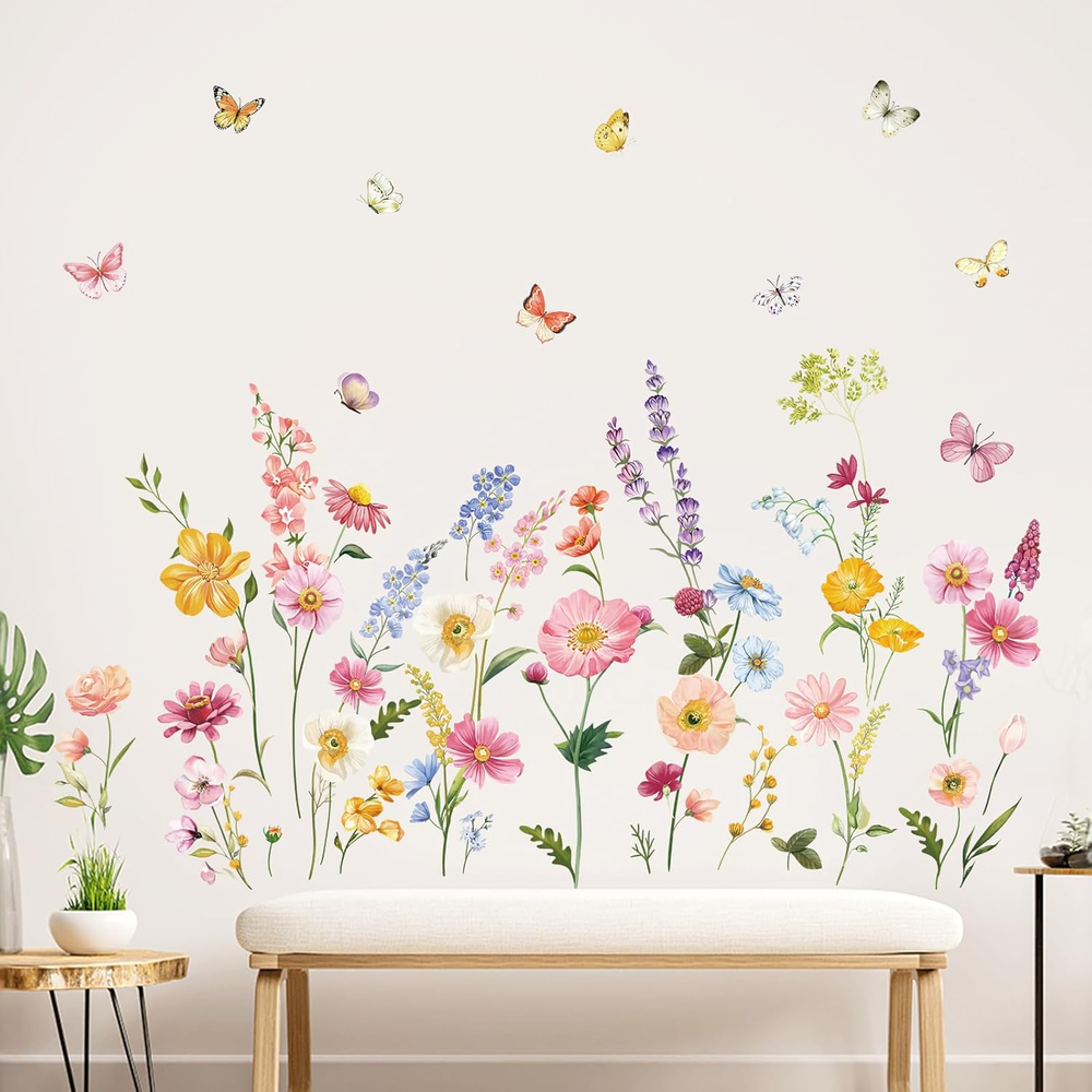 Flower Wall Decals Daisy Wildflower Grass Butterflies Wall Stickers Girls Bedroo