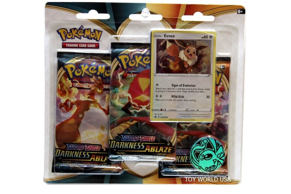 2021 Pokemon Sword & Shield Darkness Ablaze Eevee #60 3 Booster packs & Coin