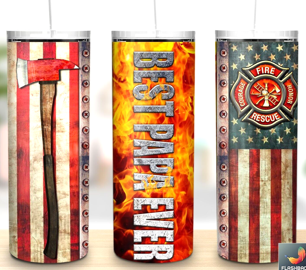 Fathers Day Best Papa Firefighter Multicolor 20oz Insulated Tumbler Straw New-image
