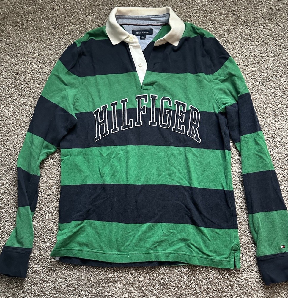 VTG Tommy Hilfiger Rugby Polo Long Sleeve Mens Small Hilfiger Spelled Out Green