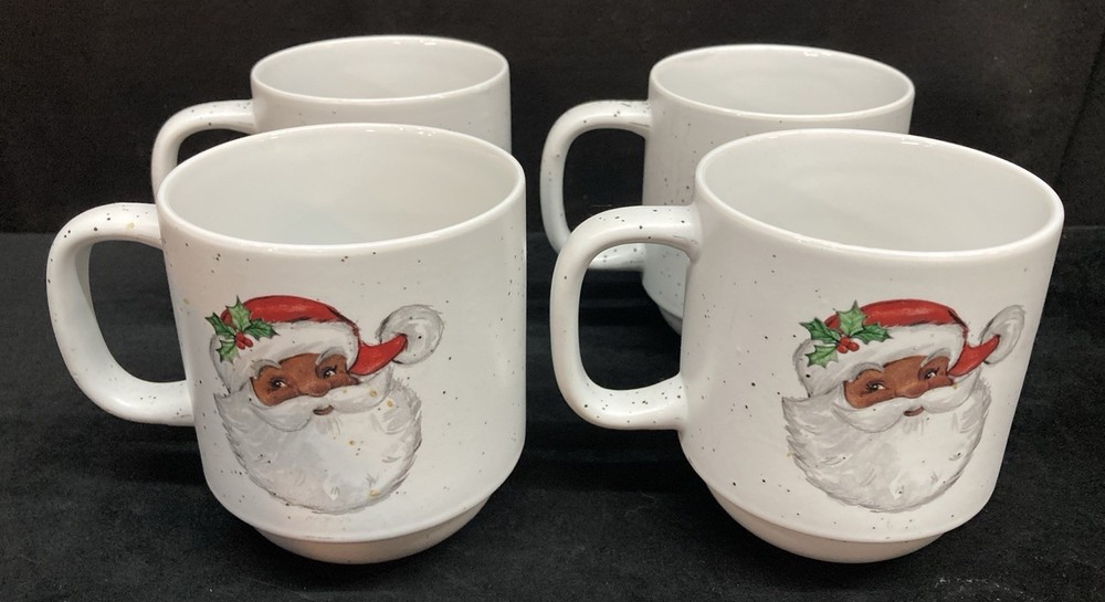 Peppermint & Pine Black Santa Coffee Cup Mugs Christmas Stackable 16oz Set of 4