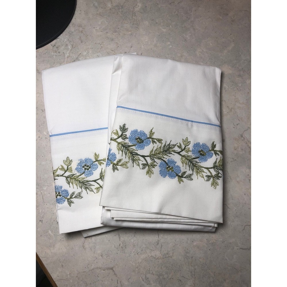 Vintage Pillowcases White with Blue Embroidered Flowers. Standard cotton New