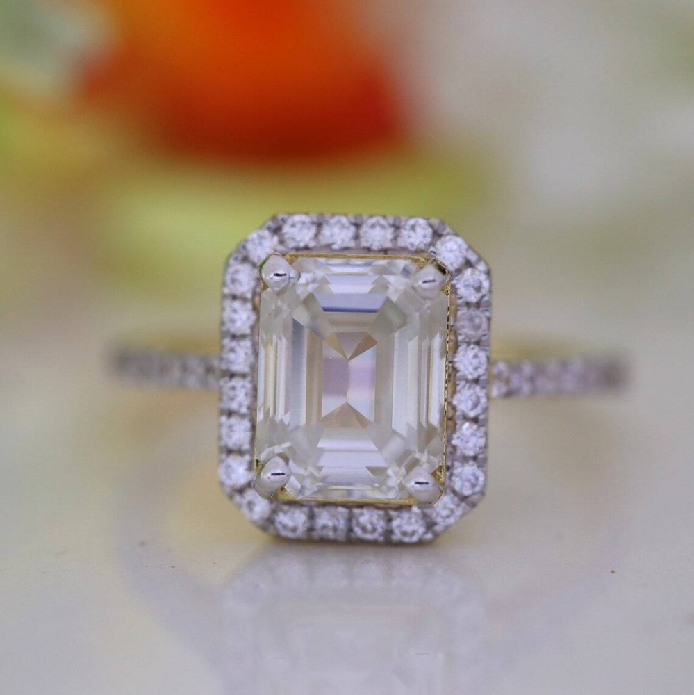 3Ct Emerald Cut Moissanite Engagement Ring in 14K Yellow Gold