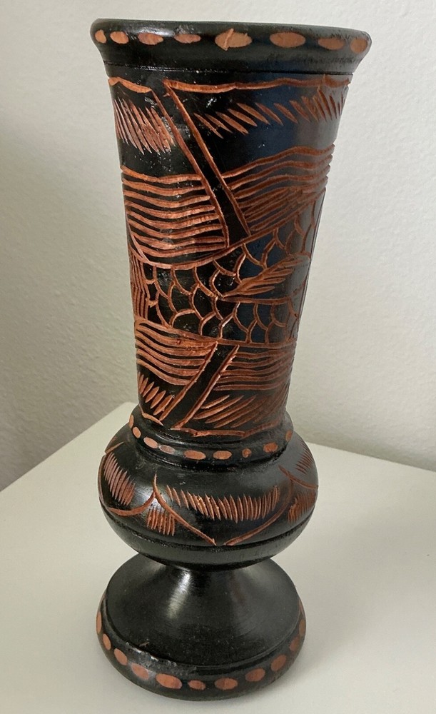 Vintage Hand Carved Wooden Pedestal Vase Floral Display Stand