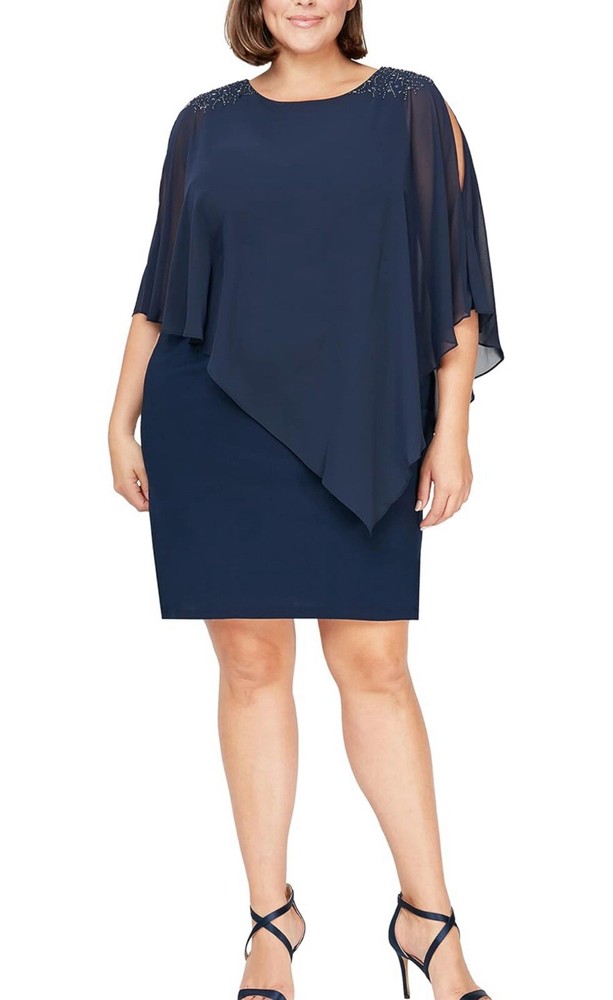 S.L. Fashions Women's Plus Size Short Sheath Beaded Overlay Capelet Dress 18W