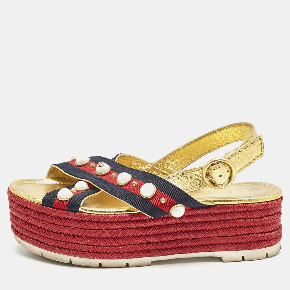 Gucci Multicolor Leather Canvas Web Studded Platform Sandals Size 39