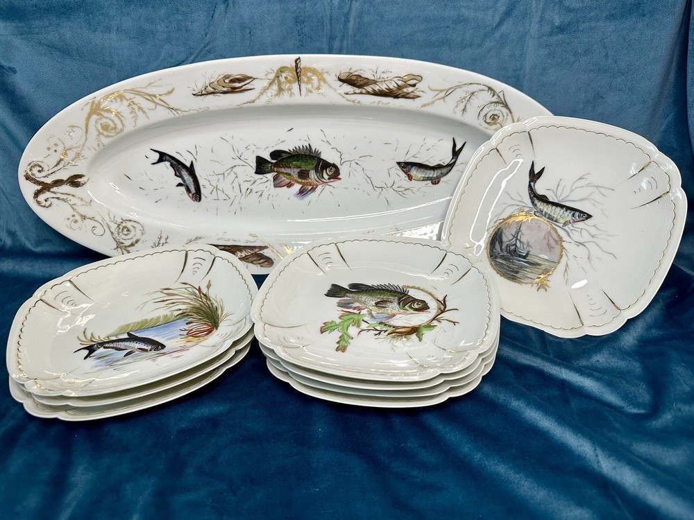Antique M. Redon Limoges Fish Plate Set – 10-Piece French Porcelain - Rare
