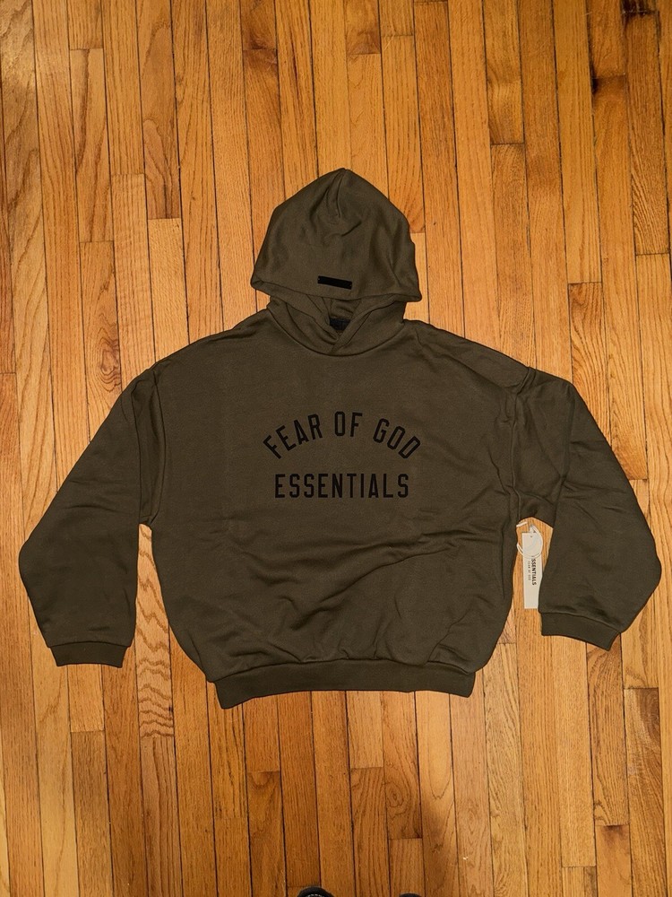 Fear of God Essentials Khaki Hoodie with Olive Logo FW24 Collection