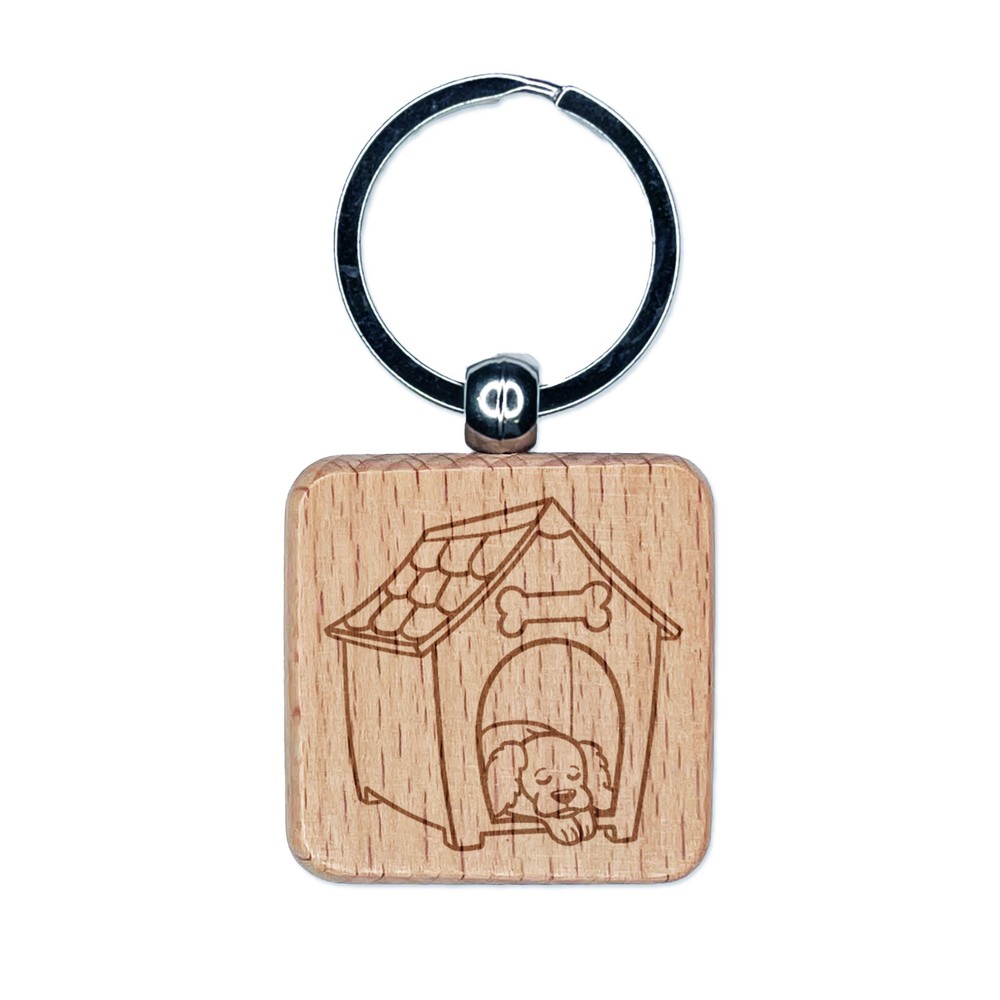 Dog Resting in Dog House Engraved Wood Square Keychain Tag Charm