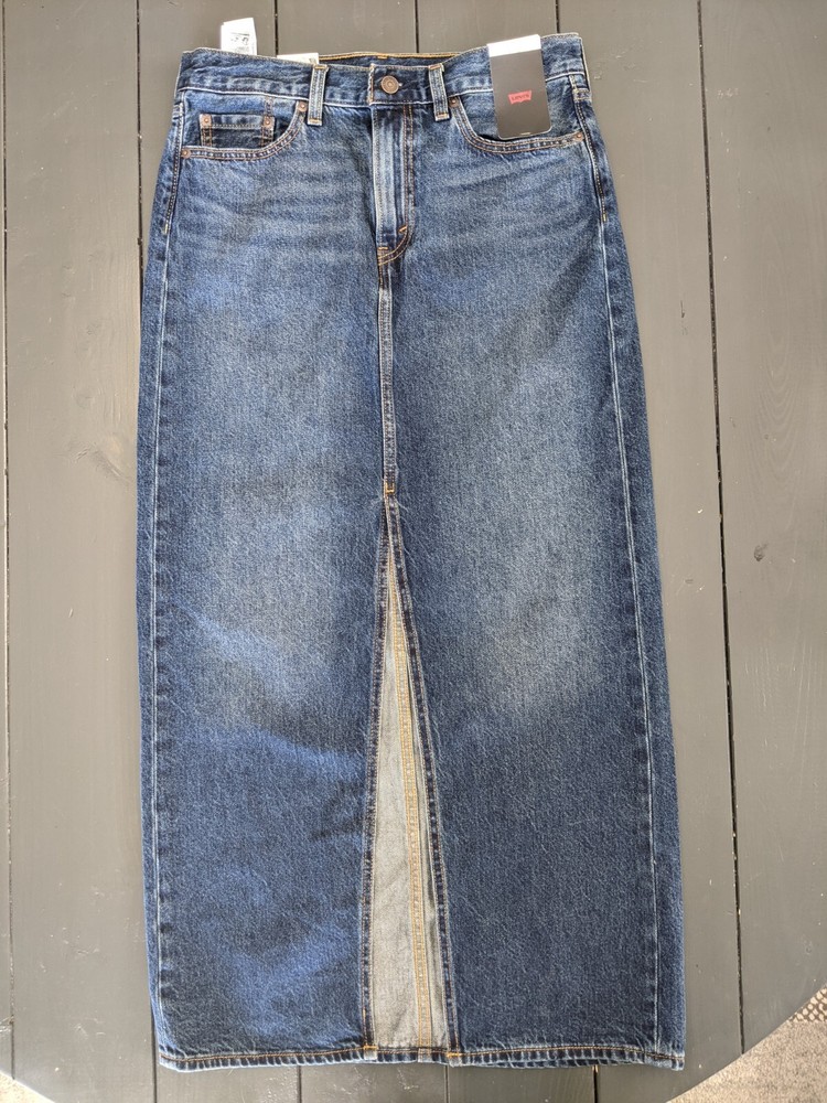 Levi's Premium Maxi Skirt Women's 27 Blue Jean Denim Ankle Column Front Slit NWT