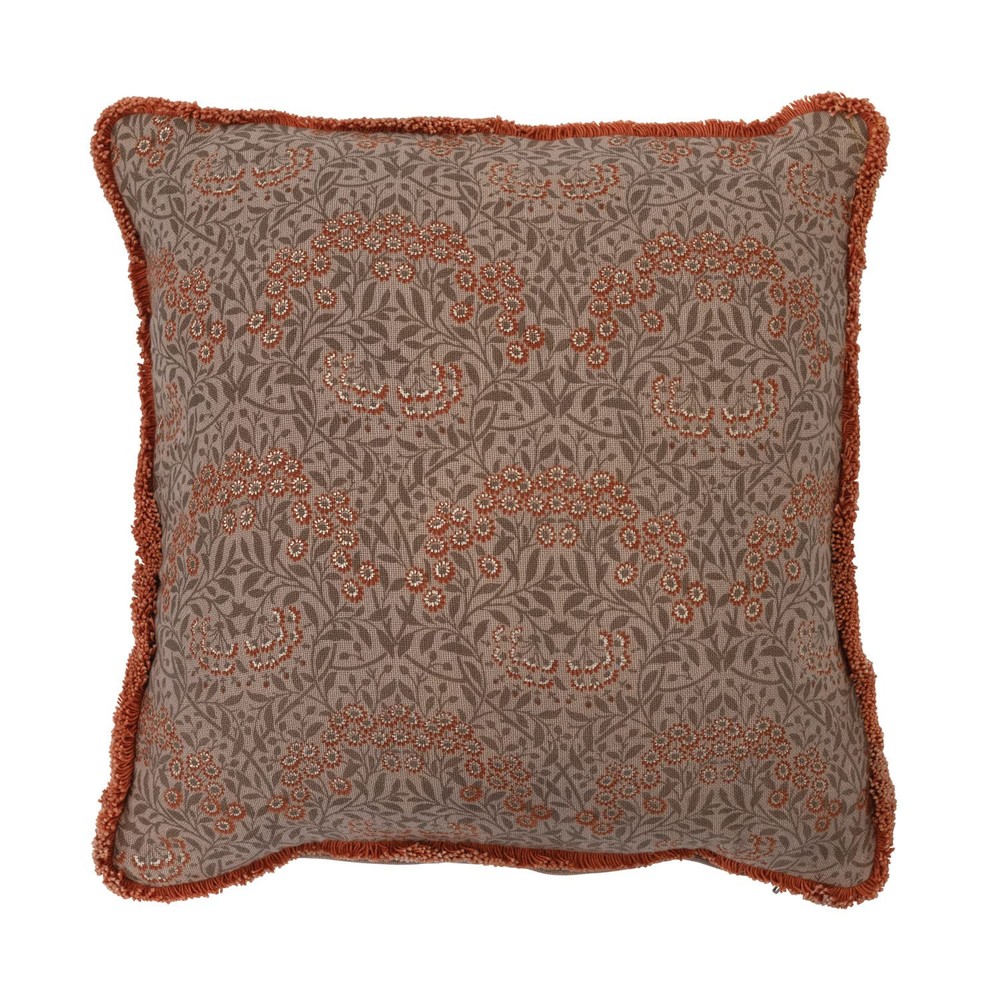 Metallic Floral Printed Cotton Pillow with Eyelash Fringe 16x16 Inch