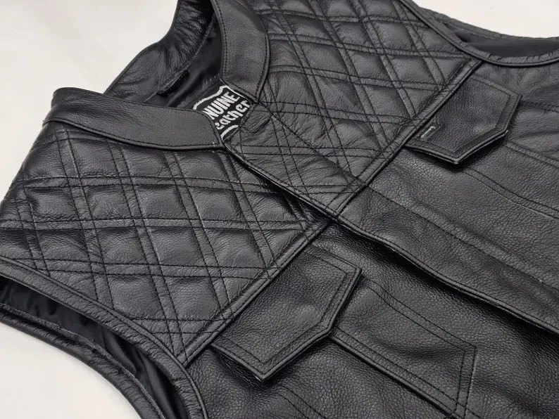 Men’s  Black Cowhide Leather Vest Handmade Diamond Quilted Biker Motorcycle Vest