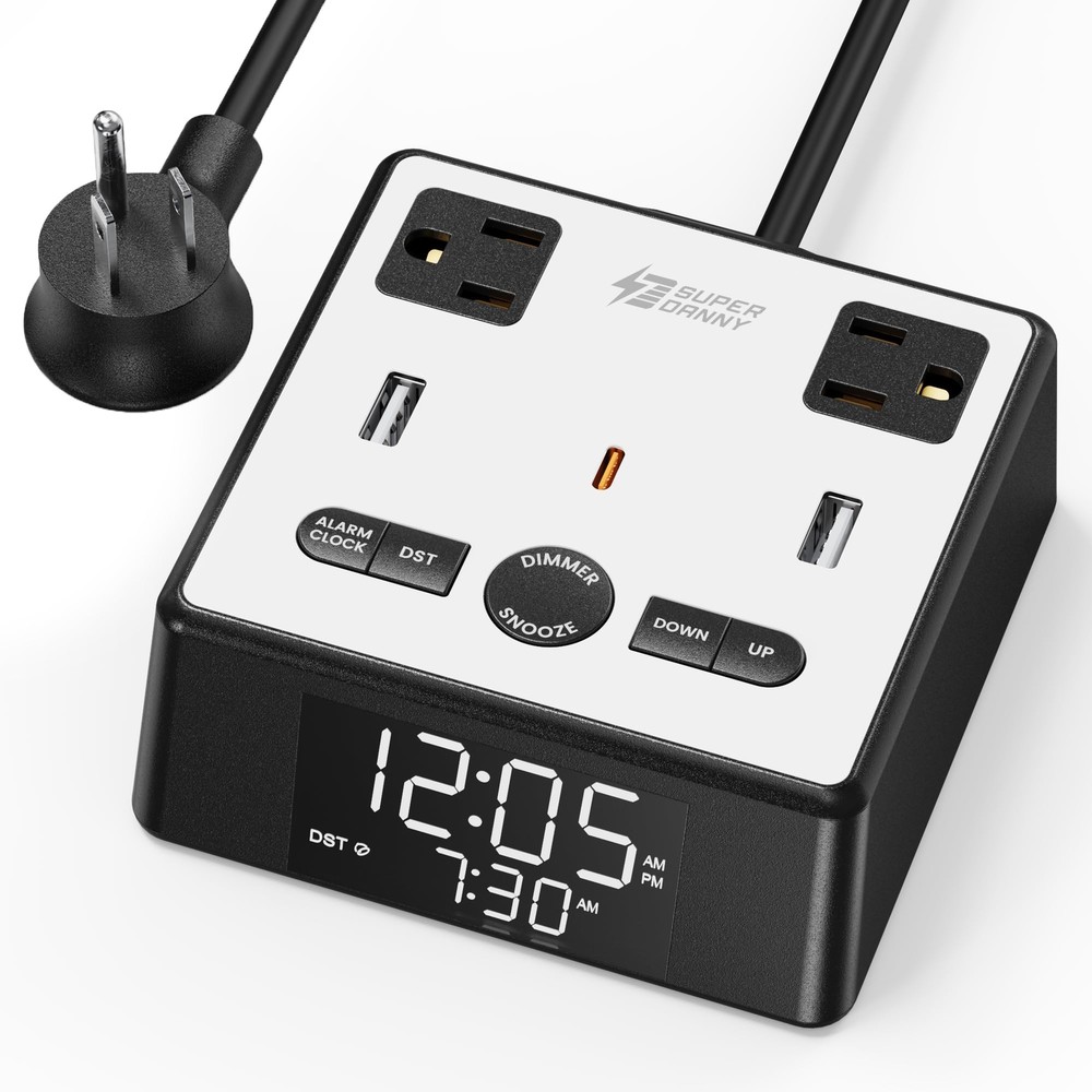 SUPERDANNY Digital Alarm Clock with 3 USB Ports & 2 AC Outlets Desk Charging Station  
