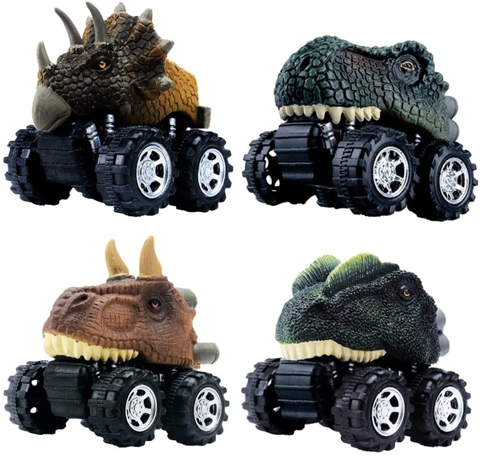 Pull Back Dinosaur Toy Cars 4-Pack for Toddlers and Boys Age 3+