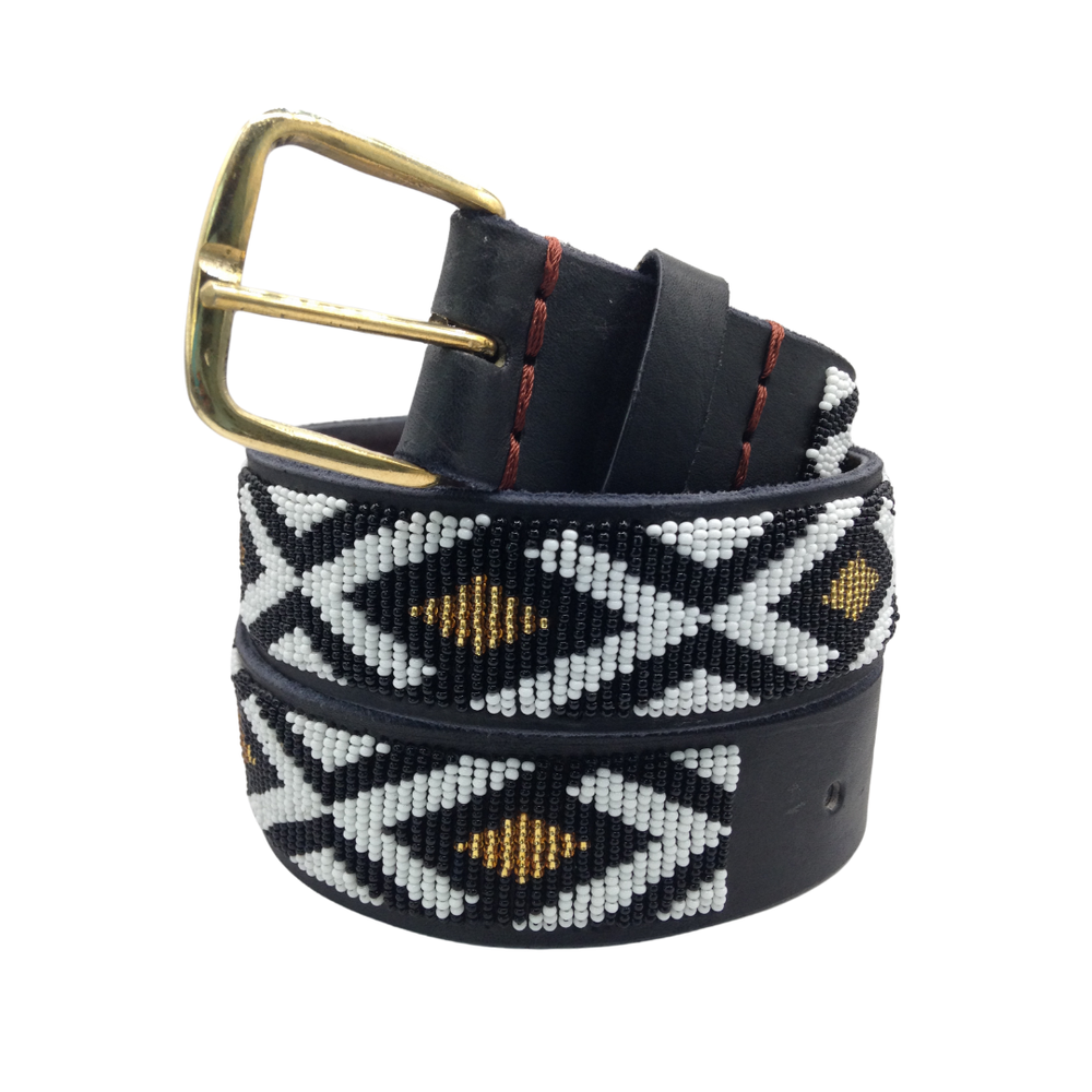 Beaded Masai Belt Handmade Leather Maasai Black White Ethnic Size 46-48 US Stock