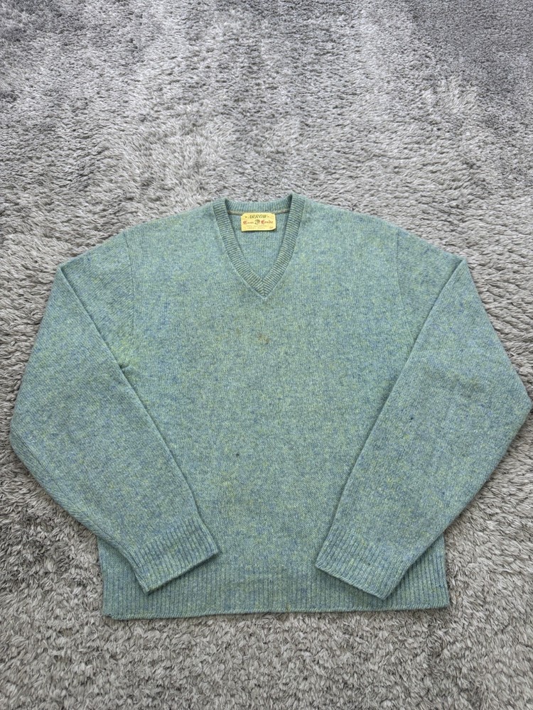 Vtg Arrow Sweater Mens Medium Cum Laude Green Lambs Wool Grandpa V Neck 50s 60s