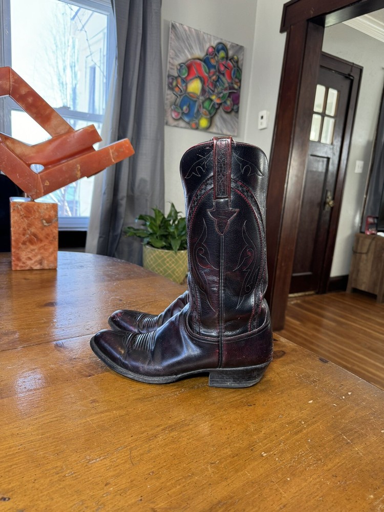 Vintage Lucchese Distressed Black Cherry Men's Boots Size 11 B French Toe USA Made