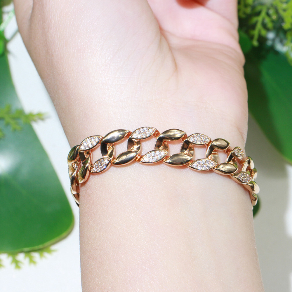 Gold Plated Cubic Zirconia Big Cuban Link Chain Bracelet for Women Party Jewelry