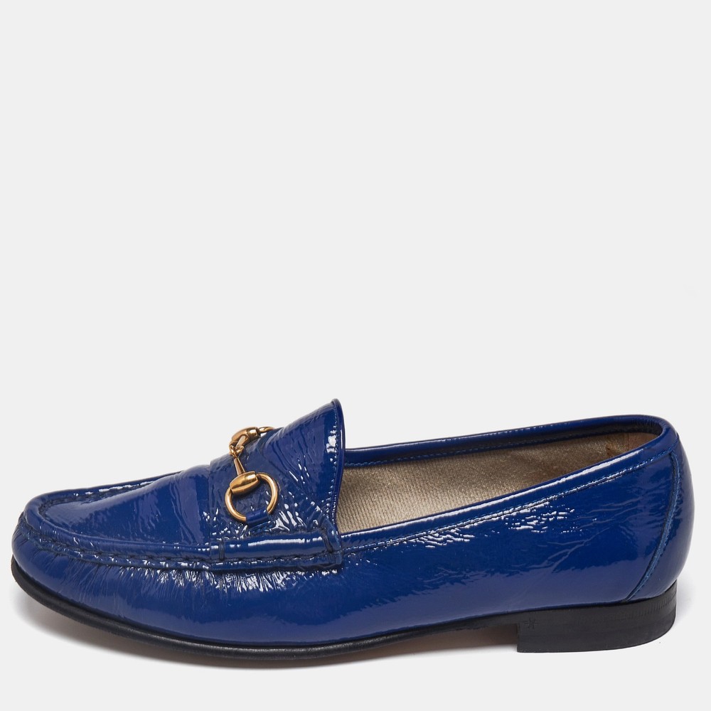 Gucci Blue Patent Leather Horsebit Loafers Size 37