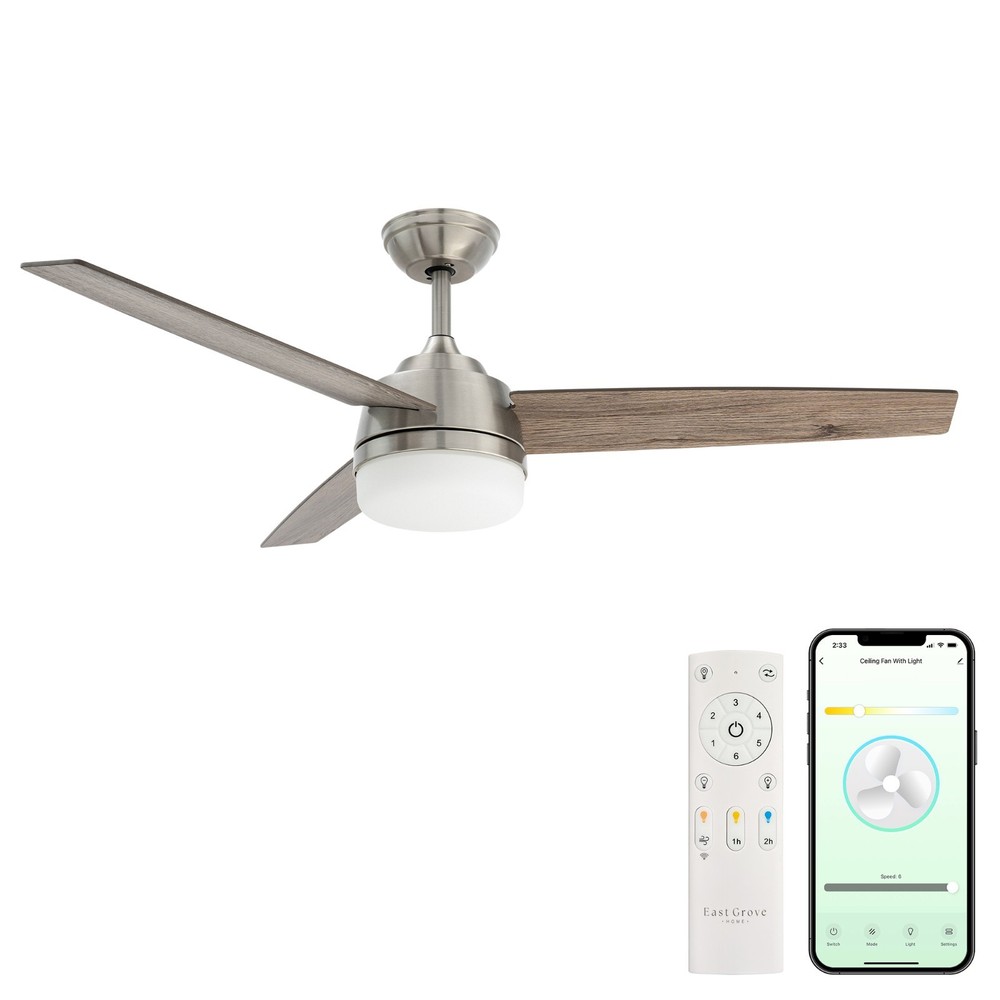 Gale 52in 3-Blade Smart Ceiling Fan in Brushed Nickel with Weathered Wood Blades