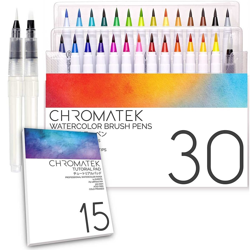 CHROMATEK 30 Watercolor Brush Pens 27 Colors - 3 Aqua Pens
