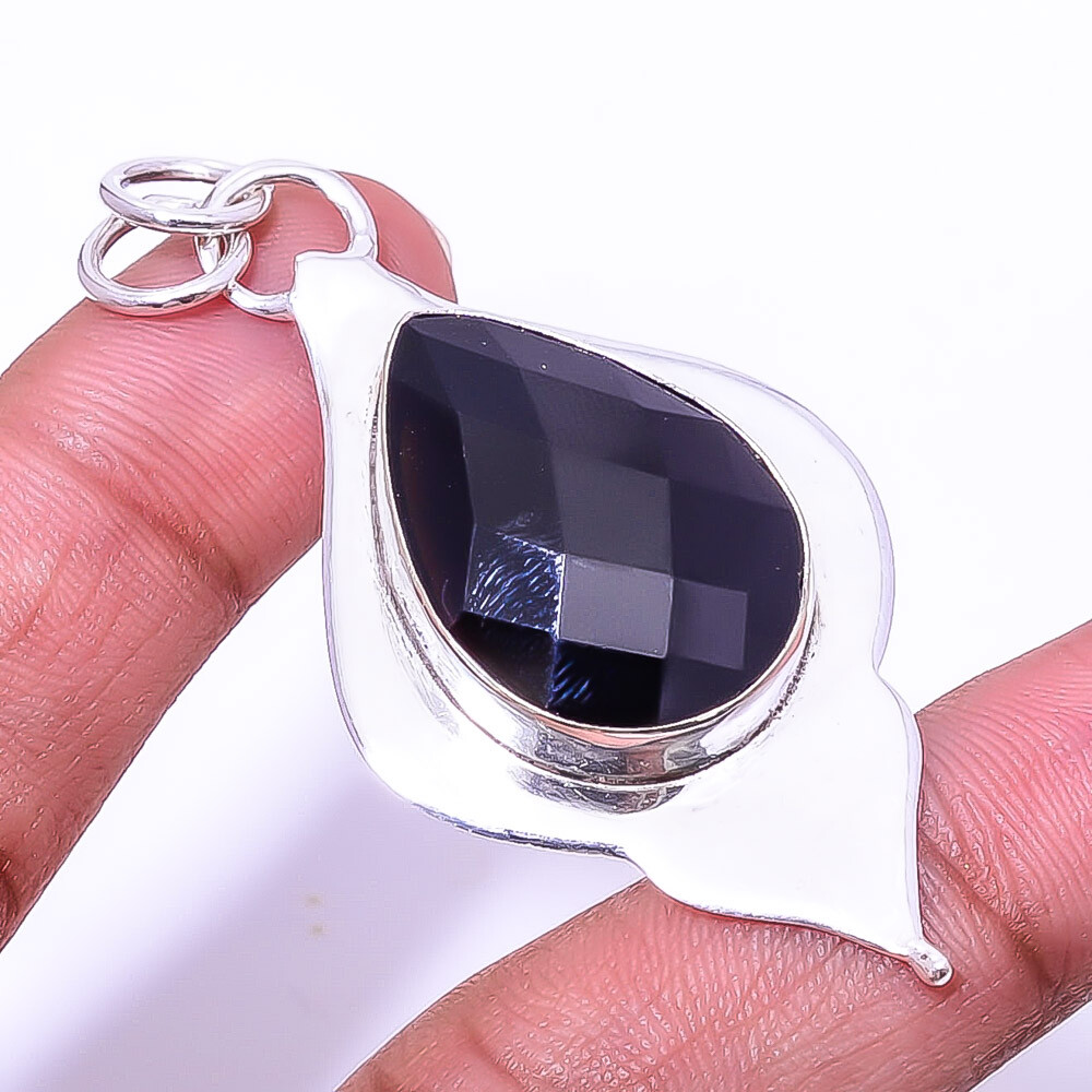 Black Onyx Gemstone Sterling Silver Pendant 2.34 Inch P9398