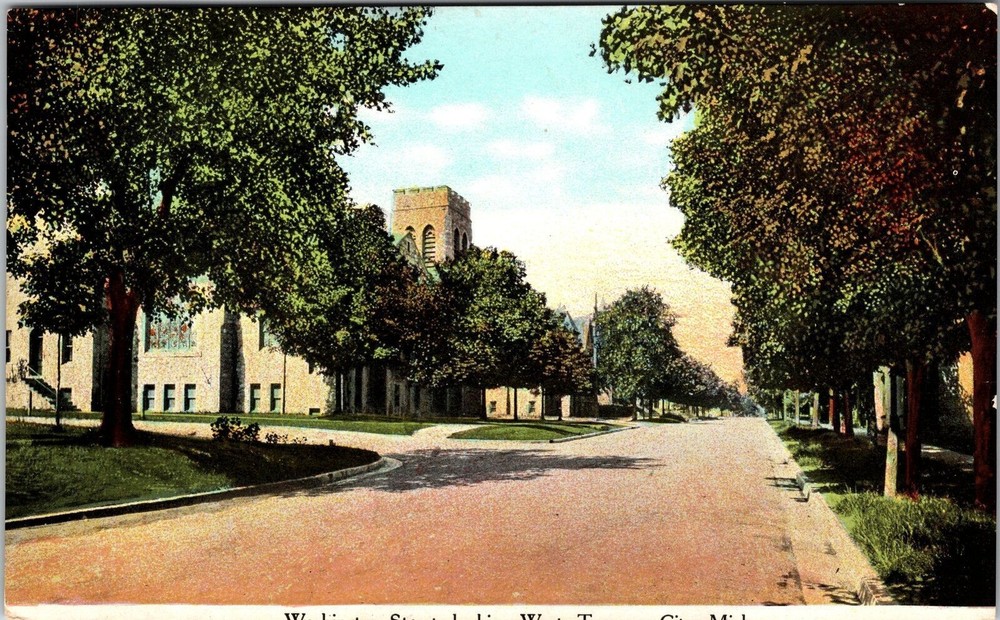 MI-Michigan, Scenic Street View, Building Behind the Trees, Vintage Postcard