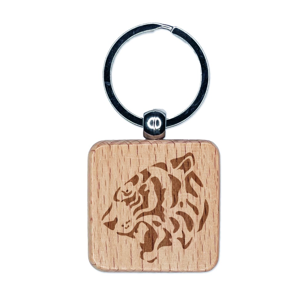 Ferocious Bengal Tiger Head Side View Engraved Wood Square Keychain Tag Charm