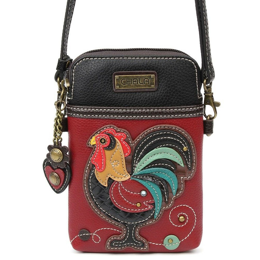 NEW CHALA ROOSTER BURGUNDY BLACK CELL PHONE CROSSBODY PURSE ADJUSTABLE STRAP
