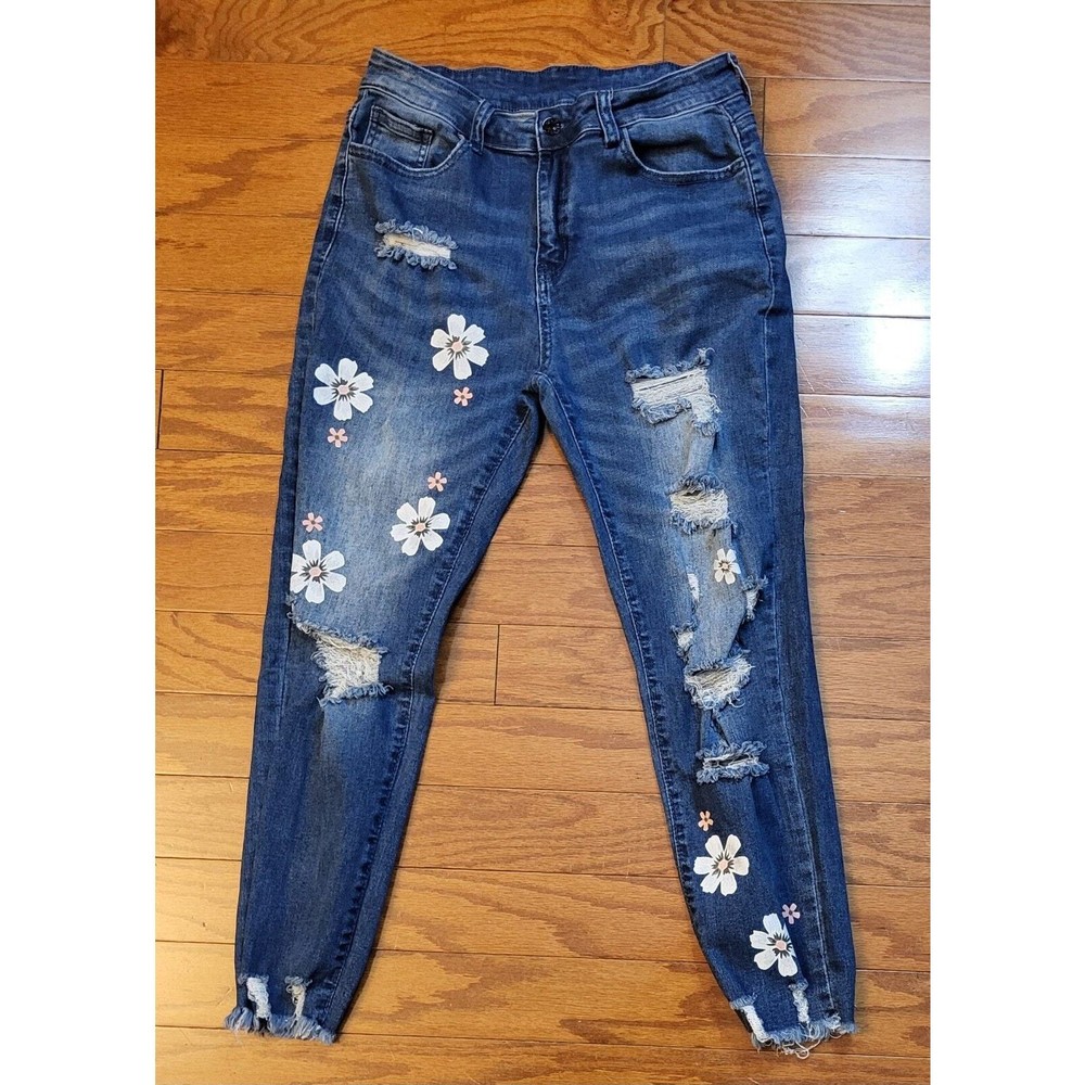 Womens Jeans Size Large Distressed and Ripped Floral (Unbranded)